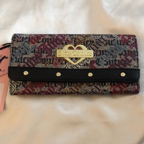Juicy Couture Black Beige Multi Faux Leather Glam Elongated Flap Wallet NWT - Picture 13 of 13